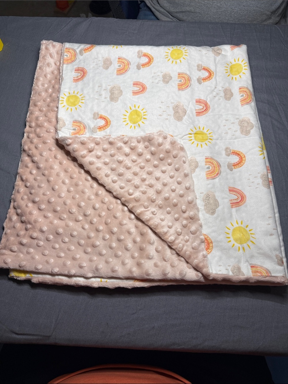 Handmade Plush Minky Baby Blanket with Sunshine & Rainbow Print - Blush Pink